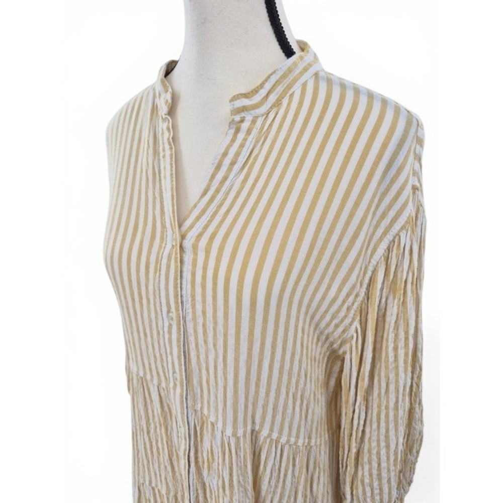 Max Studio Yellow White Striped Tiered Mini Shirt Dress Med Lagenlook Babydoll - Picture 2 of 14